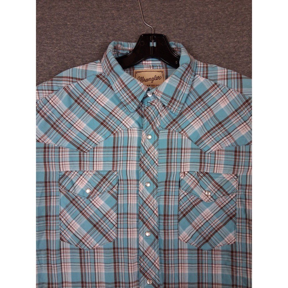 Wrangler Mens Shirt L Blue Plaid Pearl Snap Western Rodeo Ranch Cowboy Dress